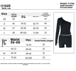 Size chart for women's two-piece long sleeve top and slim shorts set in black