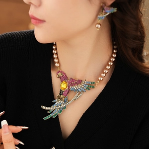 Colorful Rhinestone Parrot Bird Pendant Necklace And Earrings With Artificial Pearl Silver Earring Post Vintage Jewelry