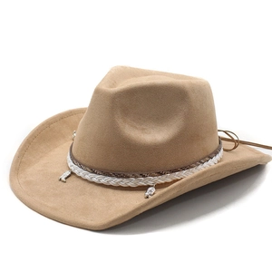 Close-up of tan suede cowboy hat with braided cords and silver boot-shaped charms