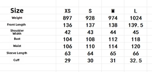Detailed size chart for long street style coat featuring length and bust measurements