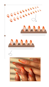 Détail de faux ongles amande orange et crème avec un motif de lignes ondulées minimalistes