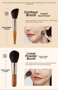 Detailed view of mini makeup brushes with precise size specs and wooden texture handles