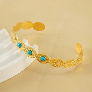 Bracelet Jonc Ouvert Turquoise Bohème Vintage Plaqué Or 18K Acier Inoxydable Géométrique Réglable Pour Femme