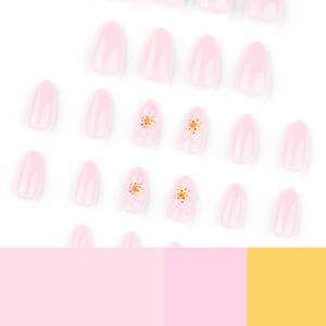 Short almond press-on nails with 3D pink floral patterns and translucent finish