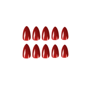 Set of 10 medium-length glossy red almond-shaped press-on nails on white background