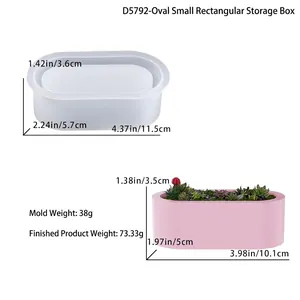 Molde de silicona para caja de almacenamiento ovalada con dimensiones y ejemplo de maceta