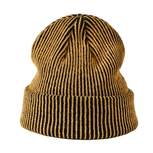 Winter striped knit beanie in brown and black ribbed pattern with a cuffed edge for warmth