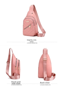 Pink nylon crossbody bag with quilted pocket details and adjustable woven shoulder strap