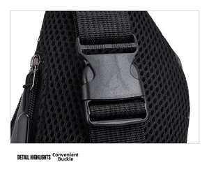 Detail view of the breathable mesh back and durable quick-release buckle on black waist bag