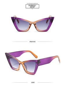 Detail view of purple-orange gradient cat-eye sunglasses with gradient lenses