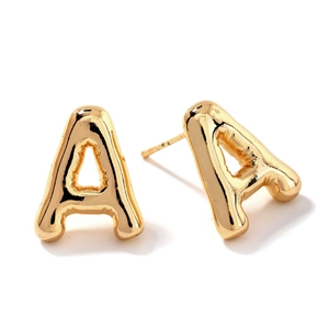 Pair of polished gold-finished bubble style alphabet letter A stud earrings for women
