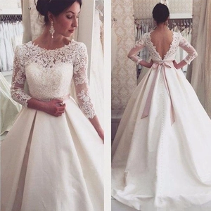 Elegant Lace Long Sleeve Wedding Dress With Satin Skirt Round Neck Deep V-Back And Pink Bow Belt For Women A-Line