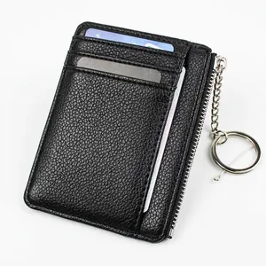 Slim Card Holder PU Leather Lychee Pattern Zipper Coin Purse With Keychain Metal Ring Casual Fashion For Men Women