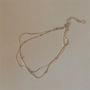 Double-layered 925 sterling silver snake chain anklet with minimalist round beads