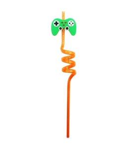 Detail of an orange spiral reusable straw with a green gaming controller silicone charm