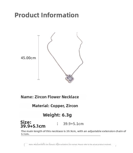 Close-up of zircon flower pendant necklace with adjustable chain length measurements