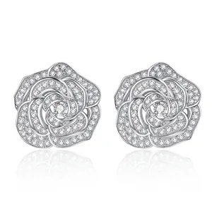 Camellia Flower Stud Earrings Pave Zircon Elegant Jewelry For Women With 925 Sterling Silver Earring Post