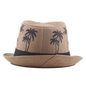 Straw fedora hat for men and women featuring palm tree prints and black ribbon band