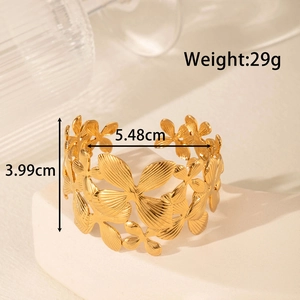 Adjustable hollow butterfly and daisy flower gold cuff bracelet with dimensions shown