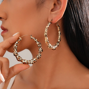 Boucles D Oreilles Créoles Style Bambou Imprimé Léopard Bijoux Vintage En Fer Pour Femmes Accessoires Mode