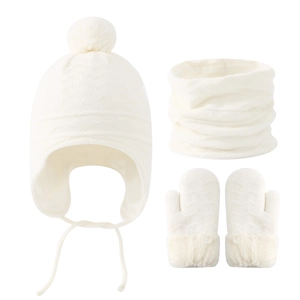 Ensemble hiver bébé bonnet blanc à pompons, écharpe et moufles doublées polaire