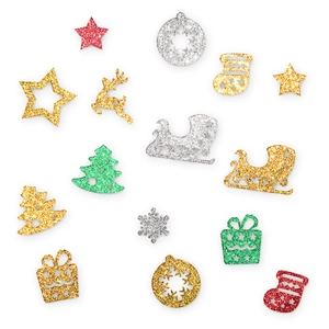 Glittery Christmas hanging ornaments featuring reindeer, snowflakes and trees in various colors