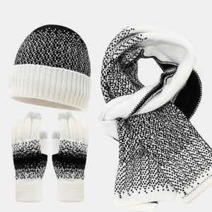 Knitted Beanie And Scarf And Touchscreen Gloves Women Winter Warm Acrylic Geometric Jacquard Snowflake Thermal Soft