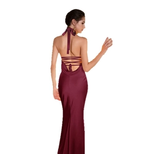 Elegant burgundy backless halter satin long dress with cross straps and mermaid silhouette