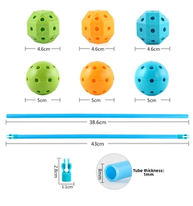 Detailed view of DIY building kit parts with poles, connector balls and dimensions