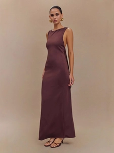 Elegant deep brown backless maxi dress with cross-straps and slim fit silhouette
