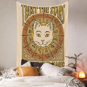 Bohemian cat astrology tapestry with sun rays and zodiac wheel for bedroom wall decor