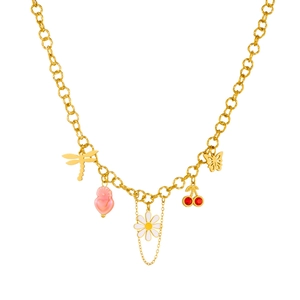 Gold plated stainless steel necklace featuring daisy, dragonfly and cherry charms on link chain