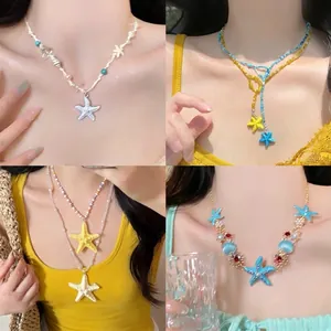 Seaside Vacation Starfish Shell Pendant Necklace Zinc Alloy Beads Imitation Artificial Pearl Summer Beach Jewelry For Women Trendy