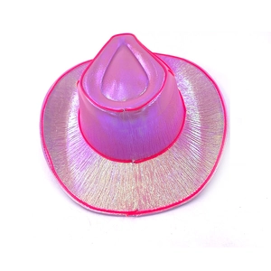 Close-up of holographic purple cowboy hat with neon pink LED trim for party