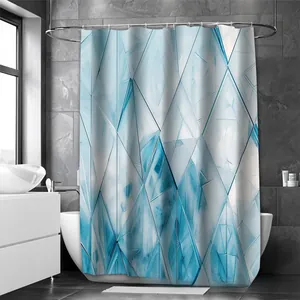 Detailed view of blue geometric crystal pattern on polyester fabric shower curtain
