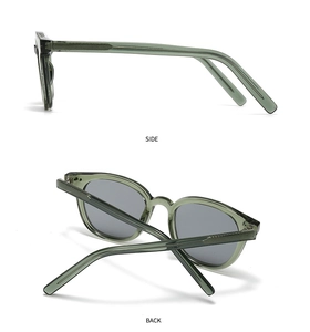 Detail view of transparent green sunglasses showing the side and back frame structure