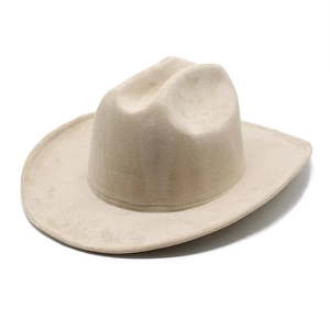 Beige faux suede western cowboy hat with wide brim and classic high pinched crown