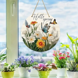 Round wooden door sign with Hello Spring text, flowers and butterflies on rustic twine