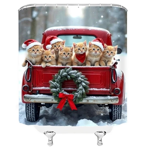 Christmas shower curtain featuring kittens in a red truck within a snowy forest scene