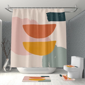 Abstract geometric shower curtain and bath mat set with 3D bathroom layout