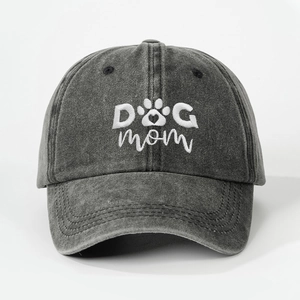 Vintage washed dark grey cotton baseball cap featuring white DOG MOM heart embroidery