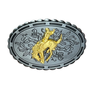 Oval silver zinc alloy western cowboy belt buckle with golden horse rider relief