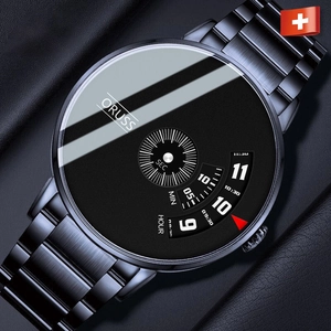 Detail of ORUSS rotating dial watch with black brushed steel band and red arrow indicators