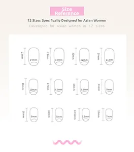 Guide des tailles de faux ongles montrant 12 dimensions précises pour bouts ronds
