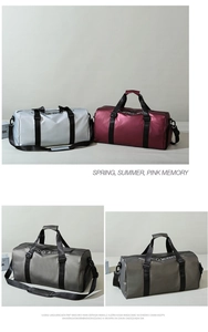 Detail showing metallic waterproof gym bags with sturdy handles and adjustable straps