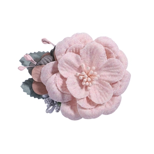 Close-up of handmade pink tweed floral hair clip with rhinestones and fabric leaves