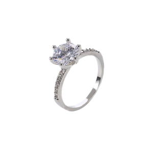 Elegant six-prong solitaire ring with white cubic zirconia and micro-pave adjustable band