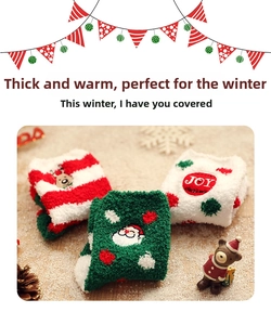 Detailed view of warm Christmas coral fleece socks with festive deer and Santa patterns