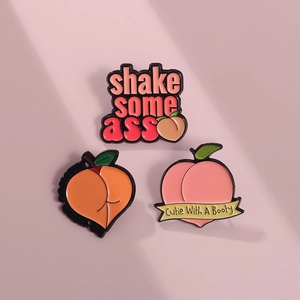 Detailed view of 3 funny peach enamel pins featuring Just Peachy and humor quotes