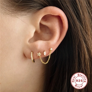 S925 sterling silver gold plated earring set with zircon flower and chain stud